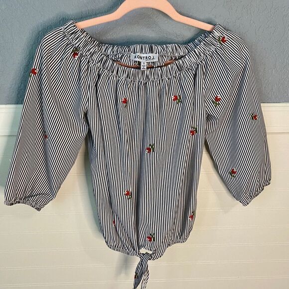 Kontrol Off The Shoulder Pinstripe w/Flowers Top - Picture 1 of 4